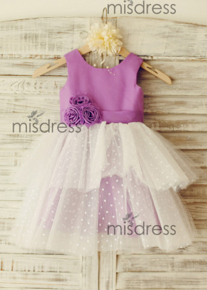 Purple Cotton Polka Dots Tulle Tiered Flower Girl Dress